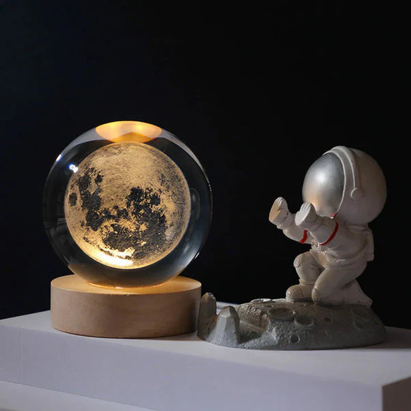 3D Crystal Moon Warm Led with Wood Base