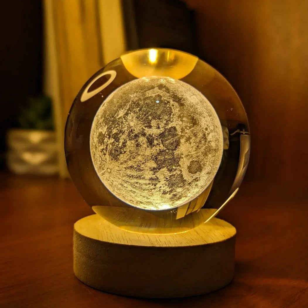 3D Crystal Moon Warm Led with Wood Base